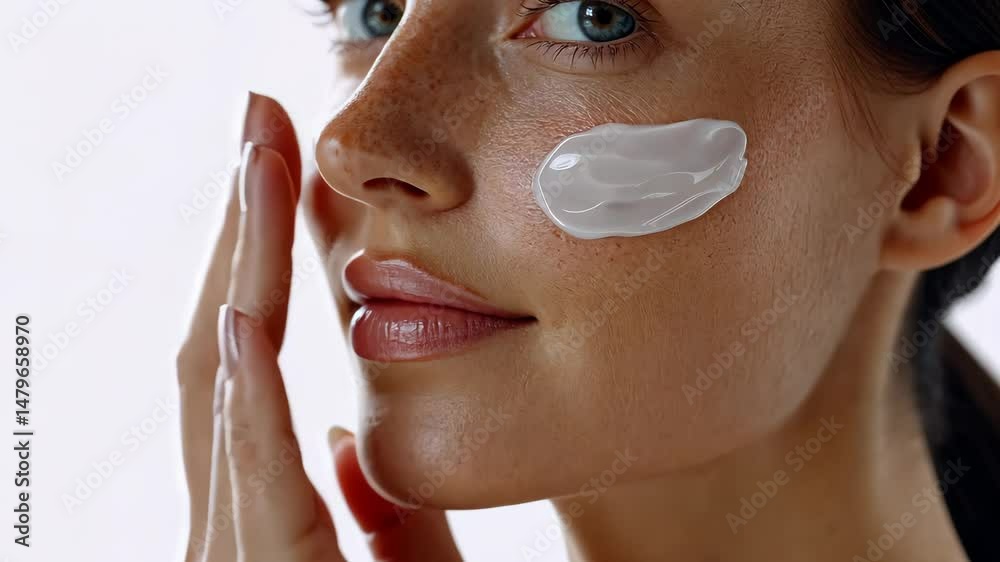 Woman applying moisturizing cream to face for skincare routine with closeup expressions