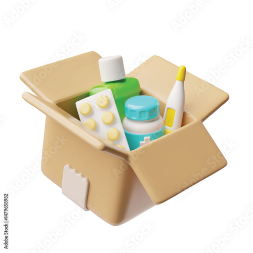 Cardboard box full of medicines, 3D cartoon vector pharmaceutical products, thermometer, first aid kit, donation concept