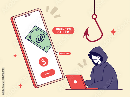 Phone Scam and Phishing Alert Vector – Cybercrime Warning with Hacker, Hook, and Binary Code