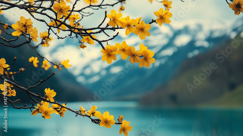 Yellow Blossoms Overlooking a Mountain Lake