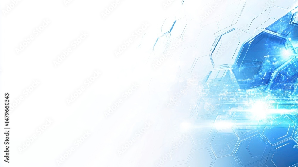 Obraz premium Abstract digital background with glowing blue hexagonal patterns and bright light streaks on a white backdrop