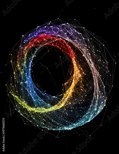 Vibrant network vortex against black. Abstract data flow, colorful connections, and glowing nodes symbolize connectivity, innovation, and modern technology concepts.