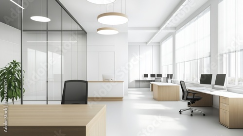 Sunlit Open-Plan Office with Modern Workstations and Glass Walls