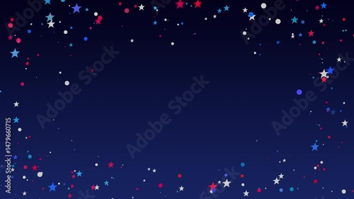 Background of animated stars in french flag colors. Blue white red stars frame, particles. Cartoon blue night starry sky. National holiday france. Cartoon funny wallpaper. Seamless loop animation, 4k