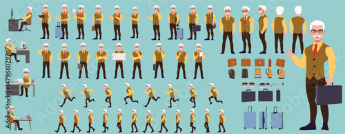 Man Character design. Front, side, back view and explainer animation poses. Character set with lip sync and facial expressions of Happy, angry, sad, Joy with Side walk cycle animation sequence sprite 