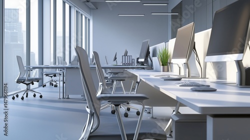 Sunlit Open-Plan Office with Modern Workstations and Glass Walls