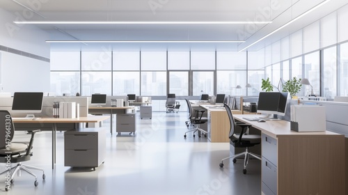 Sunlit Open-Plan Office with Modern Workstations and Glass Walls