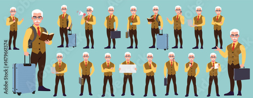 Man Character design. Front, side, back view and explainer animation poses. Character set with lip sync and facial expressions of Happy, angry, sad, Joy with Side walk cycle animation sequence sprite 