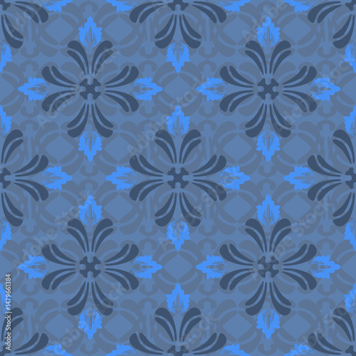 Delicate symmetry, arranged neatly on a blue background, traditional, pattern design for carpet, print, wrap, decorative, illustration, Fabric, Wallpaper, Ceramics  
