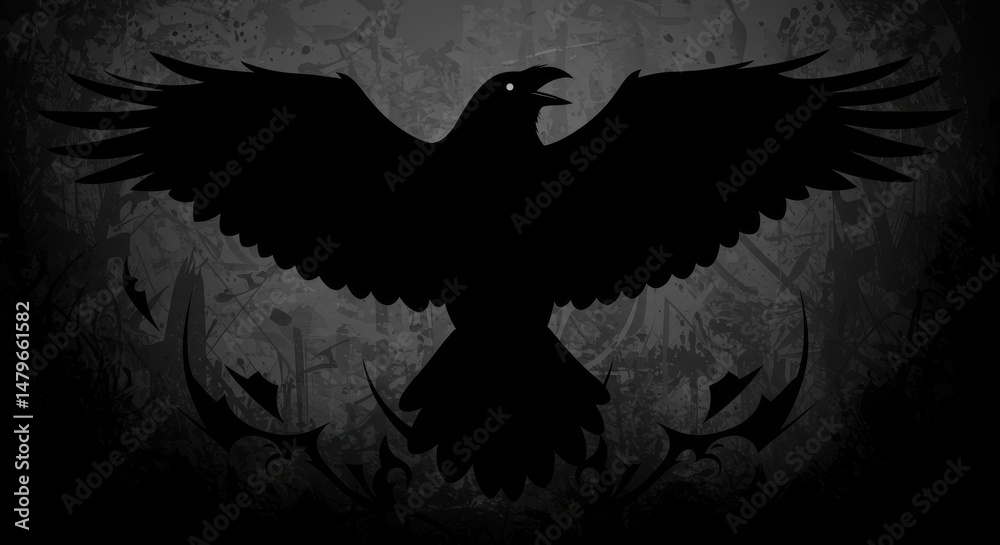 Fototapeta premium Shadow Crow Wings spread against a mottled sky Mystery in the dark