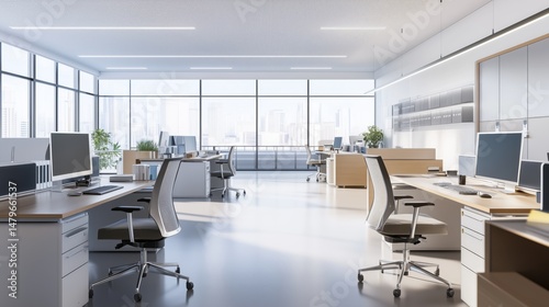 Sunlit Open-Plan Office with Modern Workstations and Glass Walls