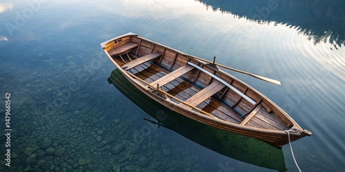 Wooden Rowboat on Crystal-Clear Water – A Peaceful Reflection