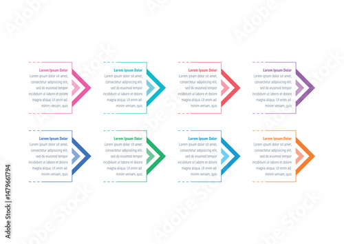 infographic template with eight options. colorful arrows infographic template. infographic template for business, education, annual report, magazine.
