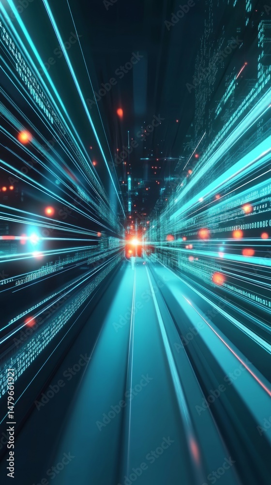 Obraz premium Abstract Futuristic Tunnel with Glowing Blue Lines and Red Orbs Representing Digital Network and High Speed Data Transfer in a Modern Technological Illustration
