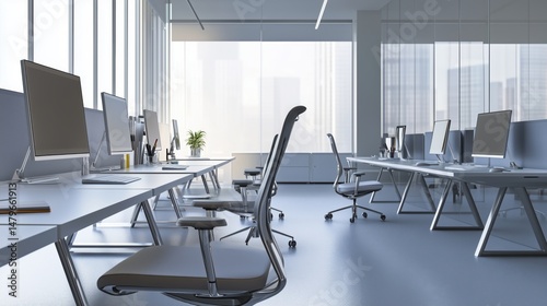 Sunlit Open-Plan Office with Modern Workstations and Glass Walls