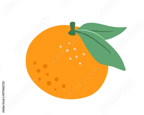 Tangerine with leaves, vector flat illustration, abstract fruit art isolated on white