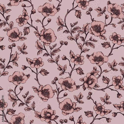 Vintage seamless pattern with pink flowers