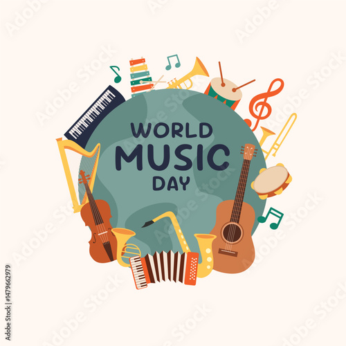 World Music Day and musical instruments around globe poster. Music day concept. Vector illustration design.