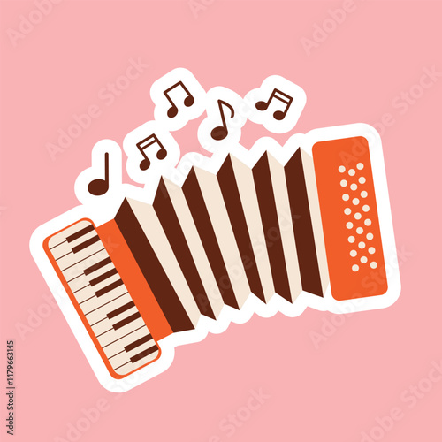 Accordion sticker with music notes on isolated  background.Vector illustration