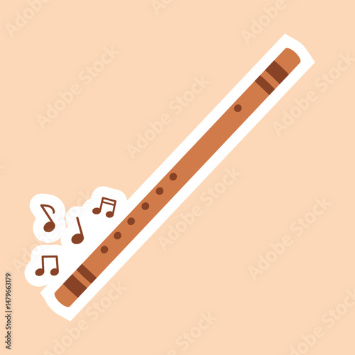 Flute sticker with music notes on isolated  background.Vector illustration