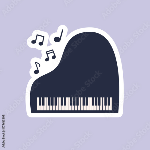 Piano sticker with music notes on isolated  background.Vector illustration