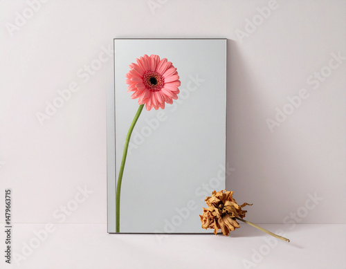 Minimalist still life image of a flower with reflection in the mirror