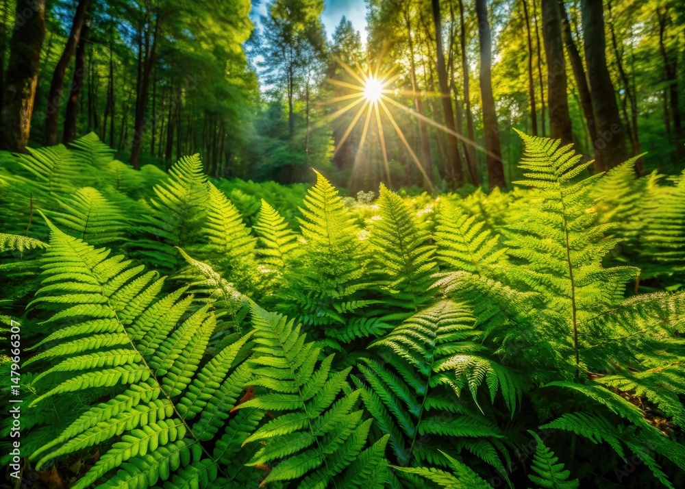 Fototapeta premium Aerial Drone Shot Lush Green Ferns, Rainforest Canopy, Tropical Fern Photography, Nature Drone View, Exotic Plants, Overhead View Ferns