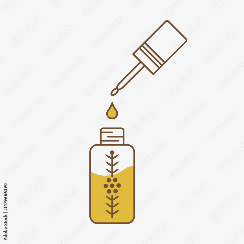 Agarwood oil in a glass bottle. Aromatherapy oud attar oil. Vector illustration