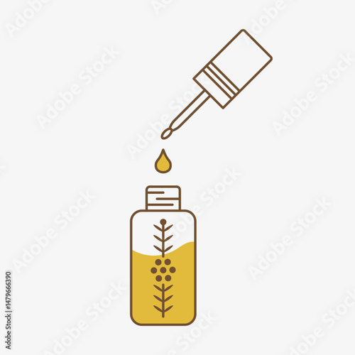 Agarwood oil in a glass bottle. Aromatherapy oud attar oil. Vector illustration