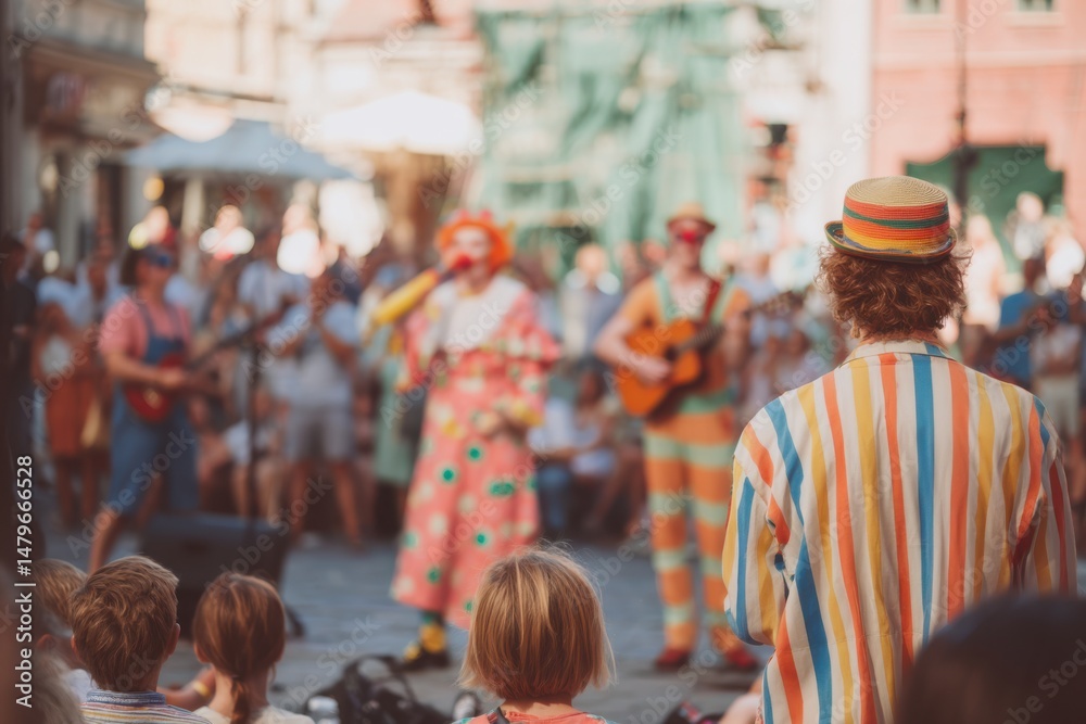 Naklejka premium Street performers entertain large crowd with music and laughter in a lively plaza during the summer afternoon