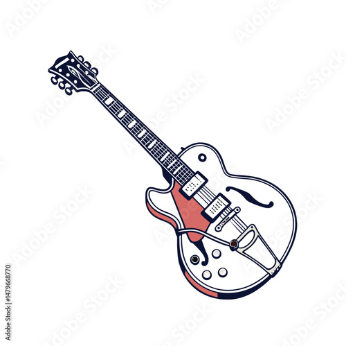 Guitars vector art illustration. Electric and acoustic, bass, Cartoon music instrument, rock jazz guitar silhouette, music band guitars set of different colors vector.