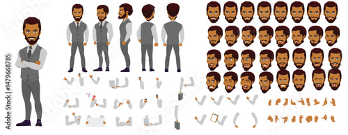 Man Character design. Front, side, back view and explainer animation poses. Character set with lip sync and facial expressions of Happy, angry, sad, Joy with Side walk cycle animation sequence sprite 