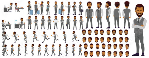 Man Character design. Front, side, back view and explainer animation poses. Character set with lip sync and facial expressions of Happy, angry, sad, Joy with Side walk cycle animation sequence sprite 