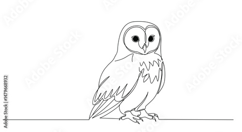 Line drawing of an owl sitting on a horizontal line  