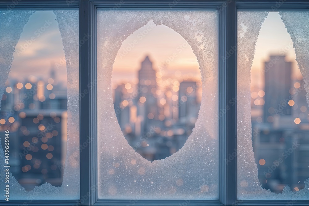Frosted Window Dreamscape Over City Skyline with Soft Tones and Bokeh Effects Frosted Window Dreamscape Over City Skyline with Soft Tones and Bokeh Effects