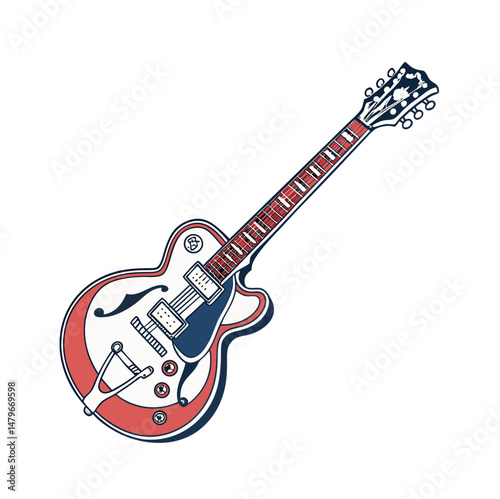 Guitars vector art illustration. Electric and acoustic, bass, Cartoon music instrument, rock jazz guitar silhouette, music band guitars set of different colors vector.