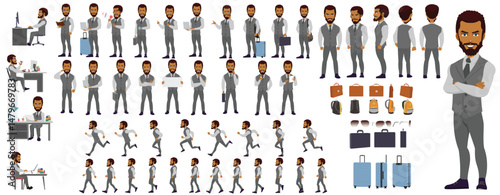 Man Character design. Front, side, back view and explainer animation poses. Character set with lip sync and facial expressions of Happy, angry, sad, Joy with Side walk cycle animation sequence sprite 