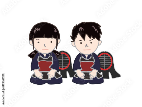 Illustration of male and female children sitting in seiza while practicing and observing at a kendo dojo