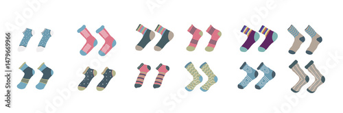 Illustration of striped cotton sock in funny holiday style with warm wool element decoration comfortable clip art symbol various wear foot autumn clothing knitted collection stylish fashion vector

