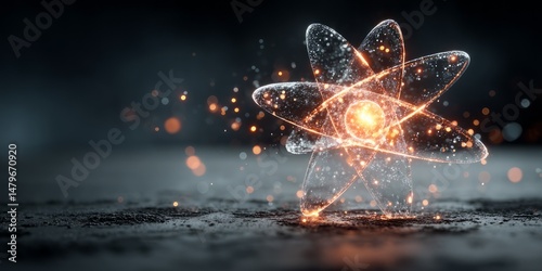 Glowing 3D atom model with spinning electrons ,energy particles on dark background symbolizing nuclear science photo