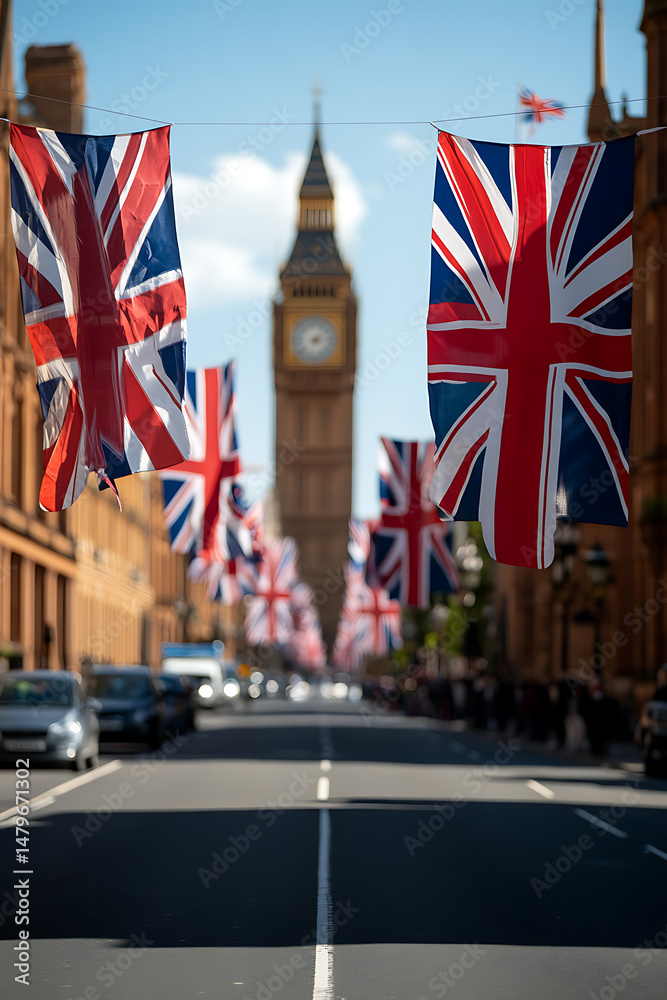 Fototapeta premium British street scene with flags and iconic clock tower. Celebratory atmosphere, travel destination, and patriotic display.