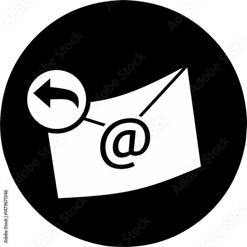 Reply email icon on black round backgrounf. Reaching online audience with email marketing campaign, newsletter subscription, sending marketing message via email. 