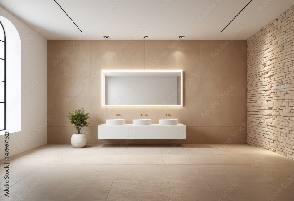 Fototapeta premium There is a bathroom with a large mirror and two sinks