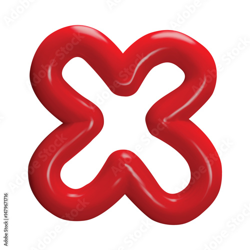 Red squiggle flower shape 3D plastic cartoon vector icon, glossy doodle form, volume plasticine texture daisy figure