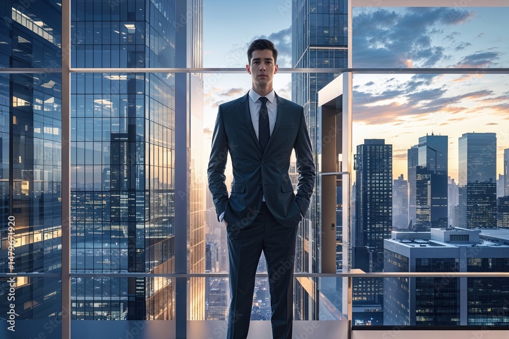 Fototapeta premium Contemporary Financial Landscape Merging Office Views with Urban Skyline Perspectives