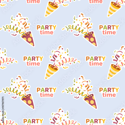 Seamless pattern with birthday sticker, clapper with confetti and streamers. Birthday, holiday, celebration, celebration, congratulations, invitation. Vector illustration.