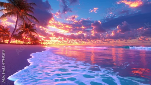 Summer landscape of dreamy sea sunset. Sandy beach, calm shimmering waves glowing in the twilight, tropical coastline with picturesque view.