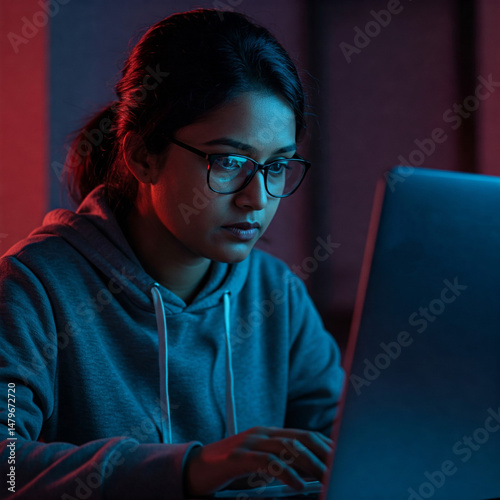 Focused young woman working on laptop in dark room with neon lighting. Suggests programming, gaming, cybersecurity or hacker activity. Modern tech lifestyle and digital work environment.