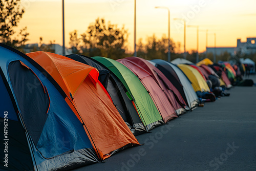 Row of colorful tents set up outdoors at dusk, showcasing a vibrant temporary shelter or campsite, with twilight in the background.