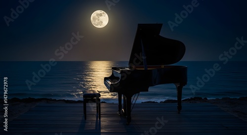 Grand Piano on a Dock Under a Full Moon